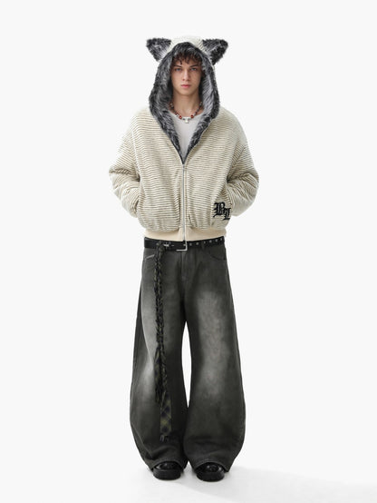 Fake Fur Collar Stripe Zipper Jacket WN28119