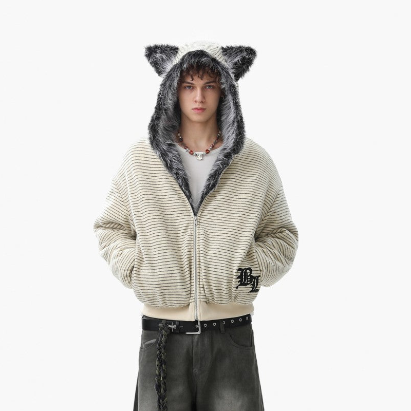 Fake Fur Collar Stripe Zipper Jacket WN28119