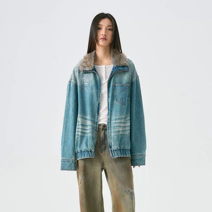 Embroidered Faux Fur Collar Wash Denim Jacket WN18926