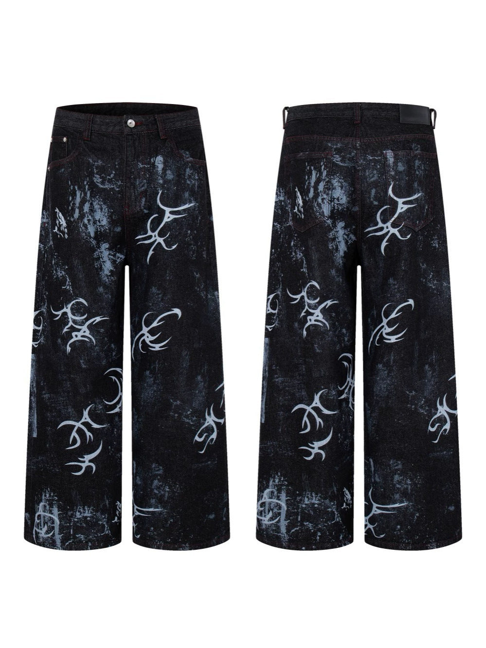 Graffiti Totem Print Wide Leg Denim Jeans WN27881