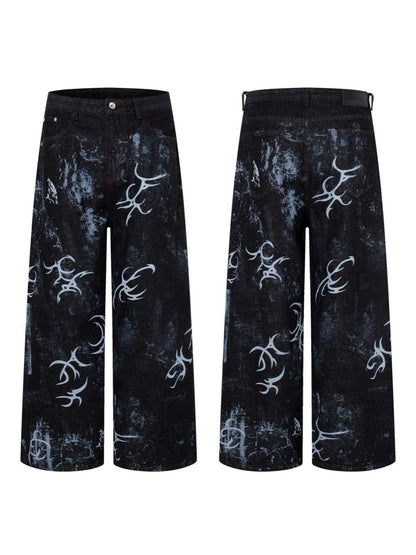 Graffiti Totem Print Wide Leg Denim Jeans WN27881