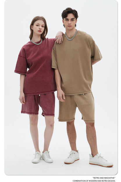 Oversize Washed Short-sleeve T-shirt & Washed Short Sweatpants Setup WN6612
