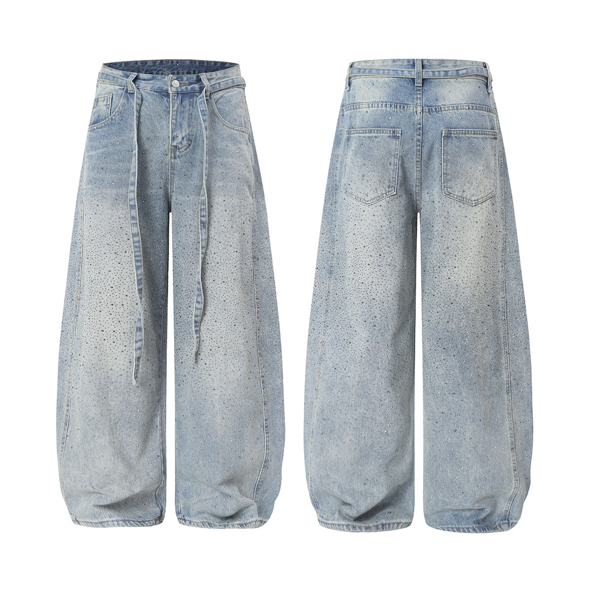 Rhinestone Drawstring Wide Leg Denim Jeans WN25560