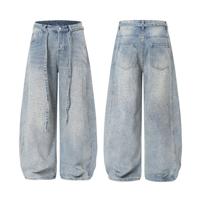 Rhinestone Drawstring Wide Leg Denim Jeans WN25560