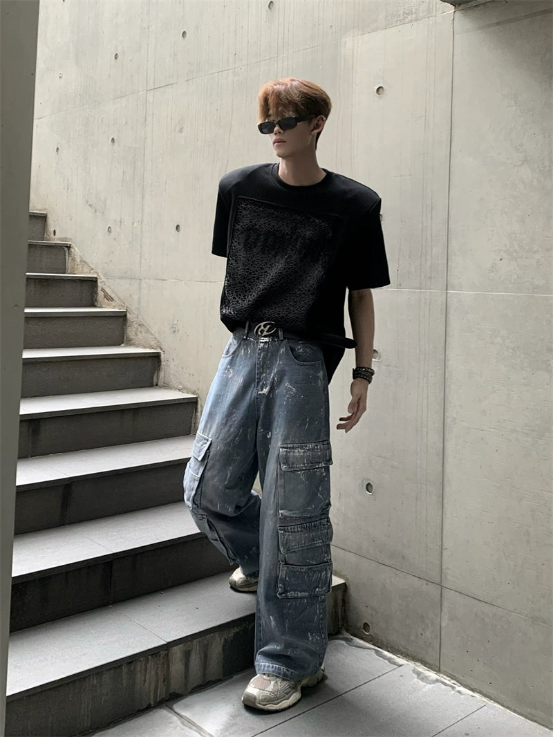 Design Print Shoulder-Pad Short Sleeve T-Shirt WN20047