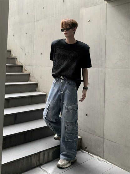 Design Print Shoulder-Pad Short Sleeve T-Shirt WN20047