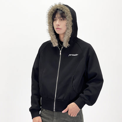 Fake Fur Collar Short Length Oversize Zipper Hoodie WN24246