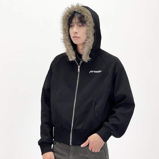 Fake Fur Collar Short Length Oversize Zipper Hoodie WN24246