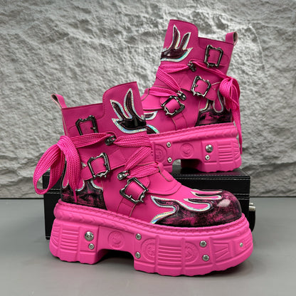 Flame Embroidery Strap Buckle Platform Short Boots WN24578