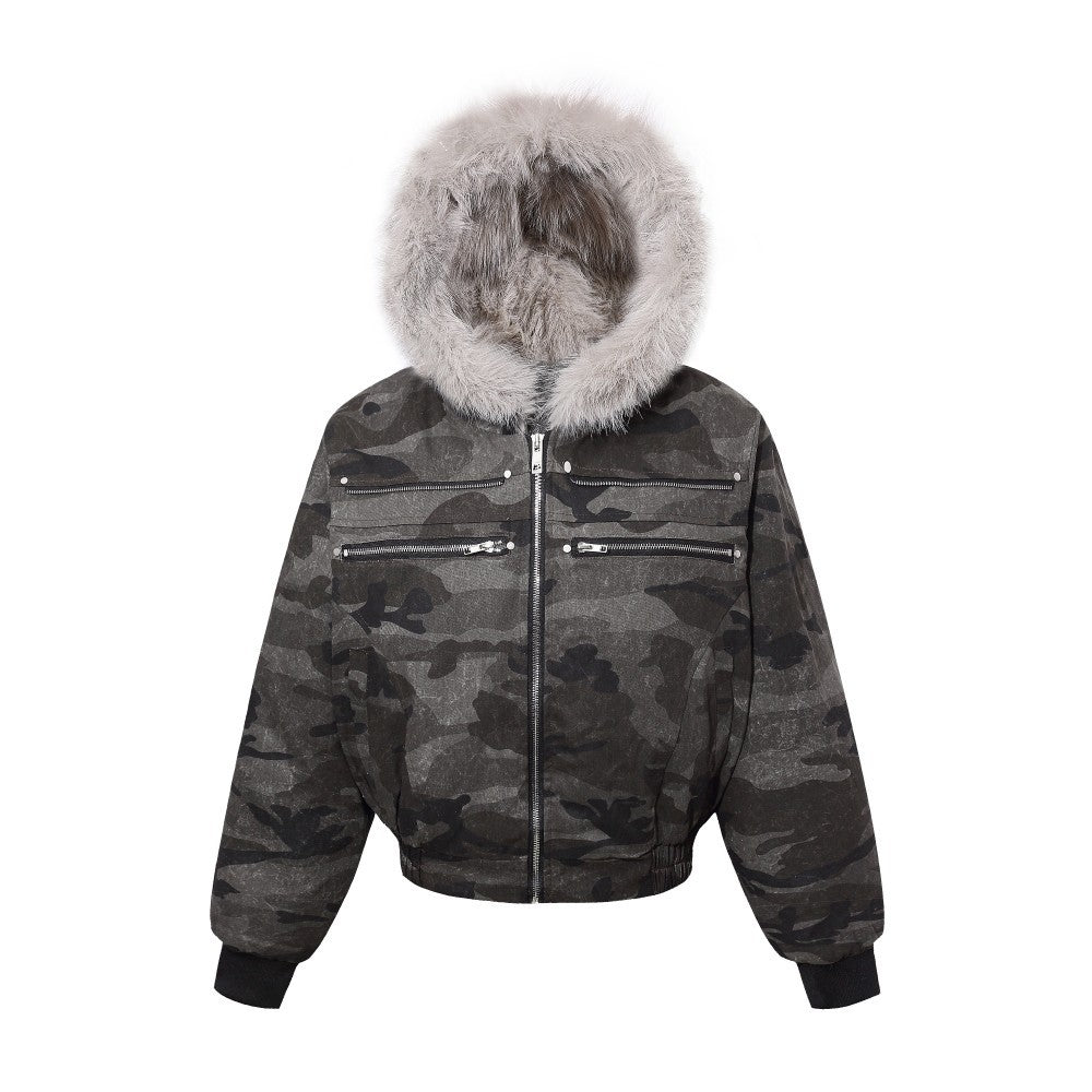Camouflage Fake Fur Collar Multi-Zipper Short Puffer Jacket WN27891