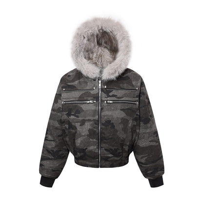 Camouflage Fake Fur Collar Multi-Zipper Short Puffer Jacket WN27891