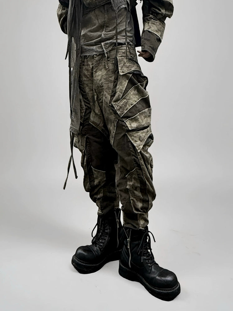 Colorblock Camo Washed Deconstructed Cargo Pants WN21986