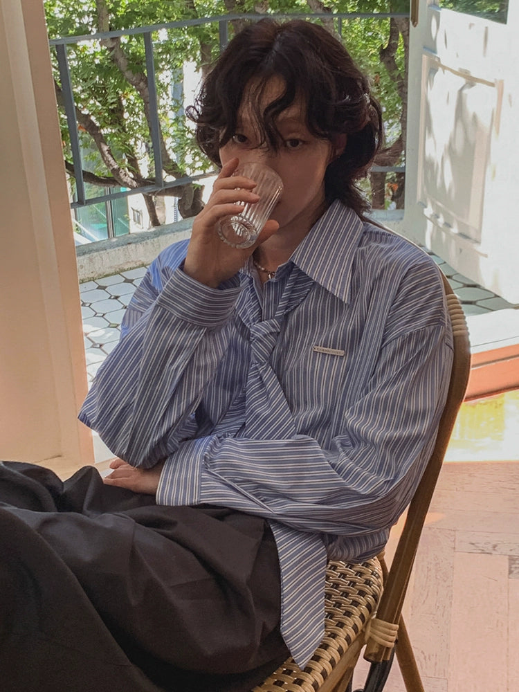 With Tie Striped Oversize Long Sleeve Shirt WN20245