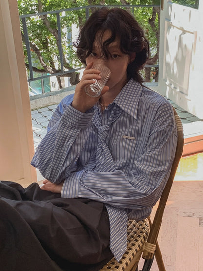 With Tie Striped Oversize Long Sleeve Shirt WN20245