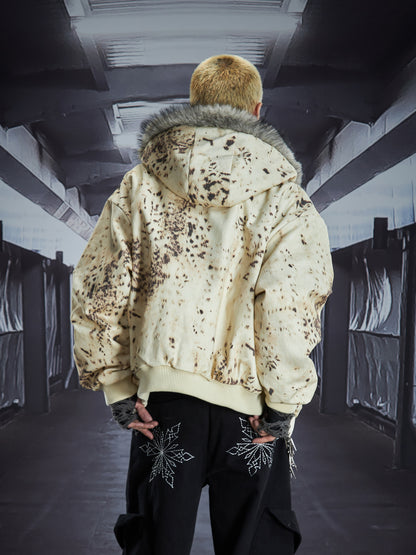 Washed Damage Fake Fur Hooded Cropped Padded Jacket WN22829