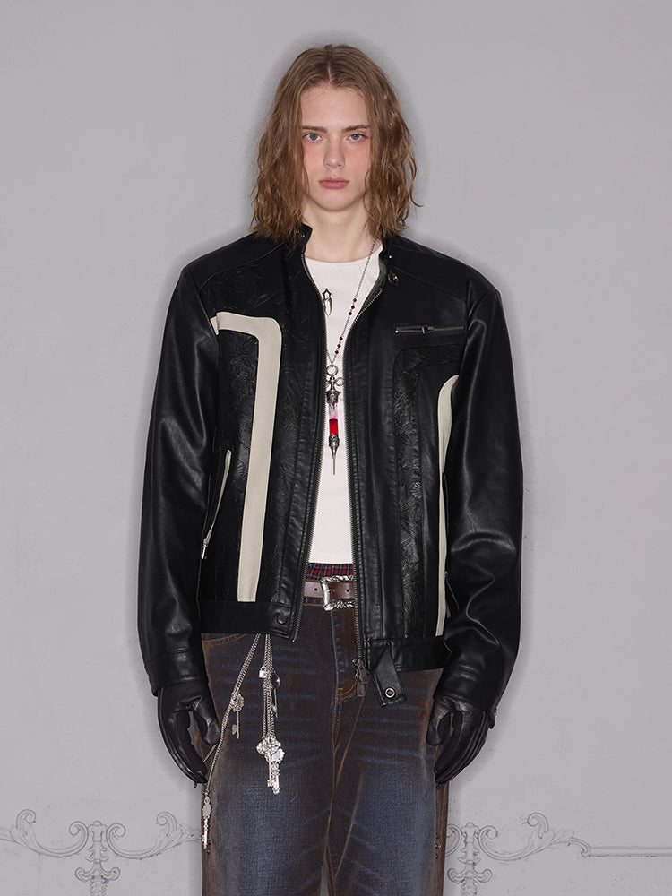 3D Patchwork Print Panel PU Leather Zipper Jacket WN17875