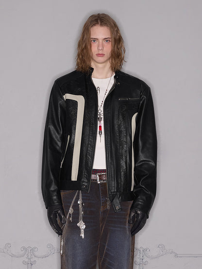 3D Patchwork Print Panel PU Leather Zipper Jacket WN17875