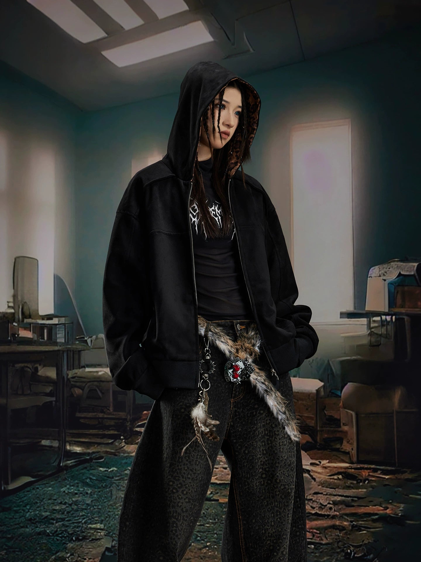 Leopard Print Double Zipper Hoodie WN20570