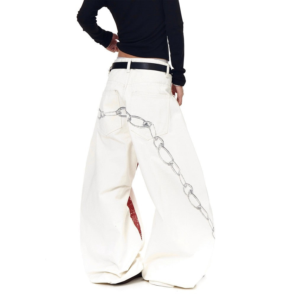 3D Chain Print Curved Wide Leg Denim Jeans WN27846