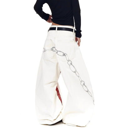 3D Chain Print Curved Wide Leg Denim Jeans WN27846