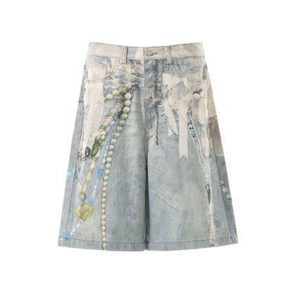 Pearl Chain Collage Print Denim Half Jeans WN25425