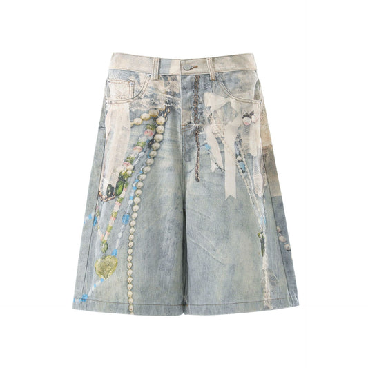 Pearl Chain Collage Print Denim Half Jeans WN25425
