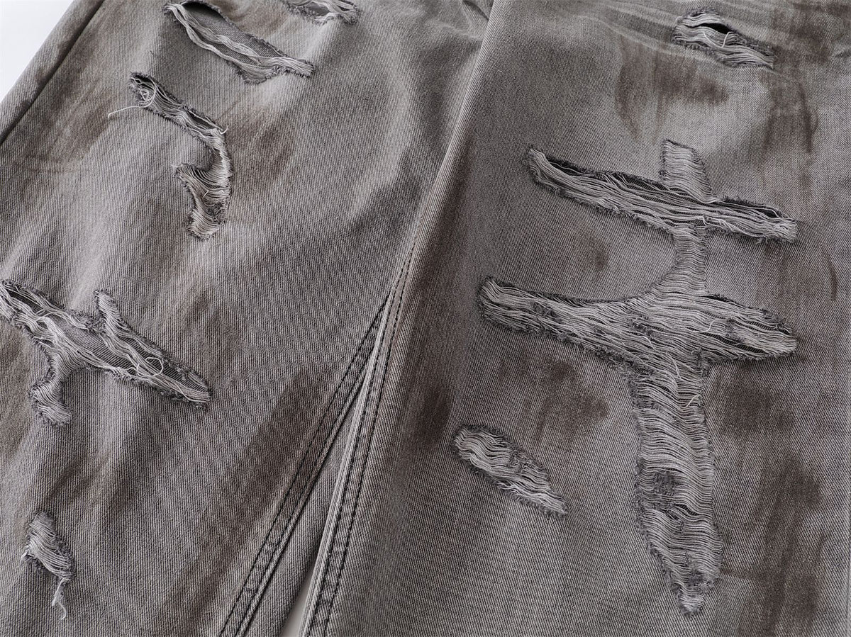 Dirty Washed Ripped Straight Leg Denim Jeans WN26829