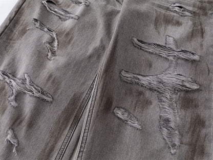 Dirty Washed Ripped Straight Leg Denim Jeans WN26829