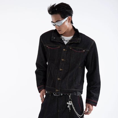 Standing-Collar Washed Denim Jacket & Denim Jeans Setup WN20655