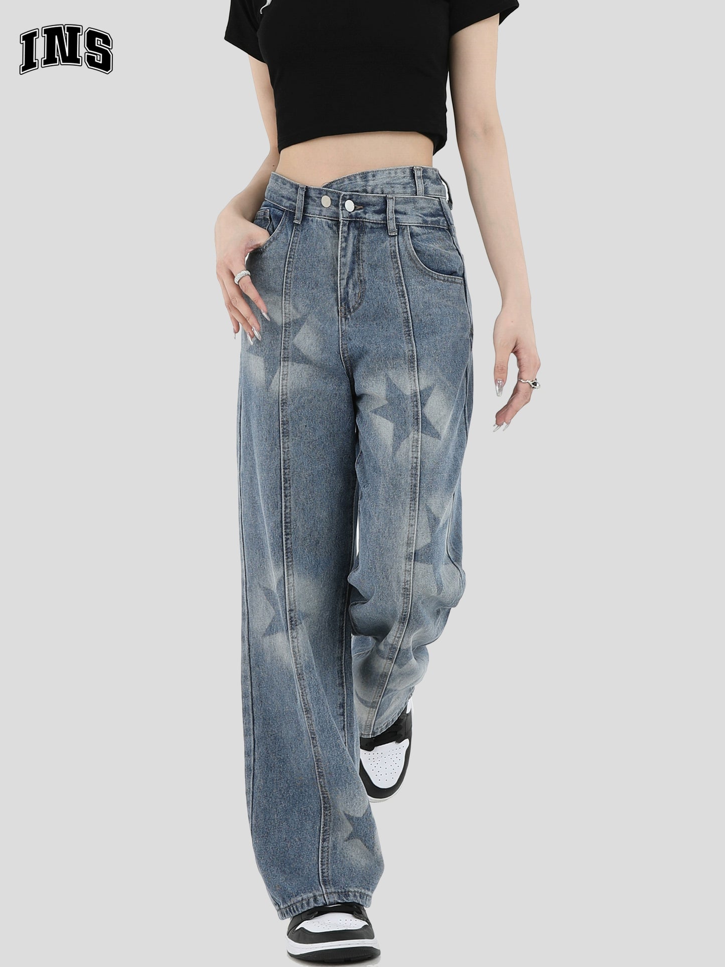 High Waist Star Wide-Leg Straight Denim Jeans WN7210