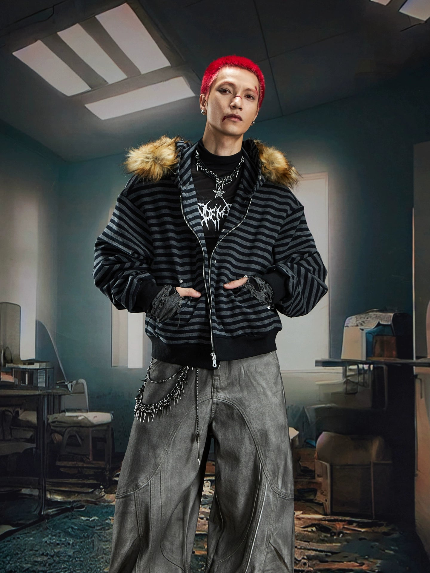 Fur Splicing Stripe Zipper Hoodie WN20591