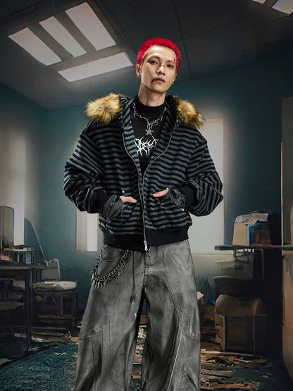 Fur Splicing Stripe Zipper Hoodie WN20591