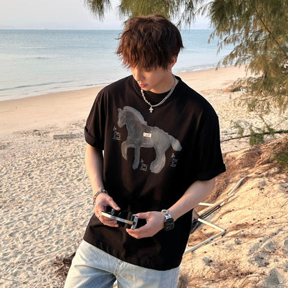 Horse Print Cotton Oversize Short Sleeve T-Shirt WN25253