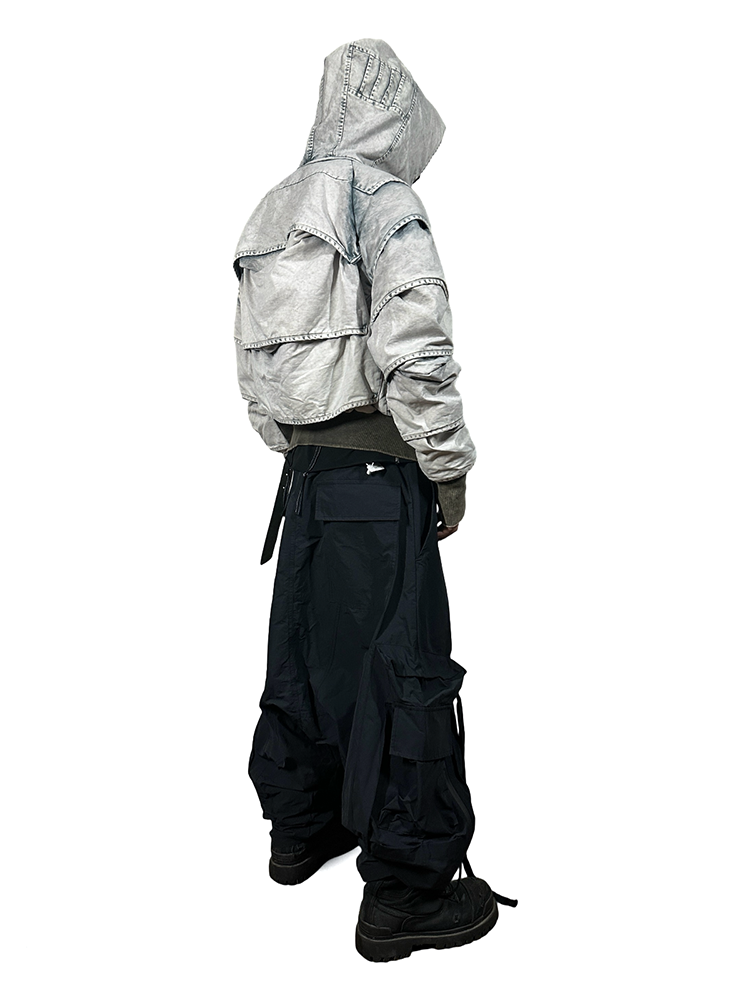 Faded Washed Pleats Structured Hooded Short Jacket WN21984