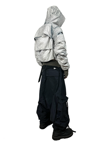 Faded Washed Pleats Structured Hooded Short Jacket WN21984