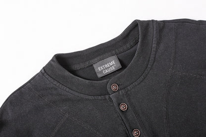 Semi-Open Collar Washed Short Sleeve T-Shirt WN25641