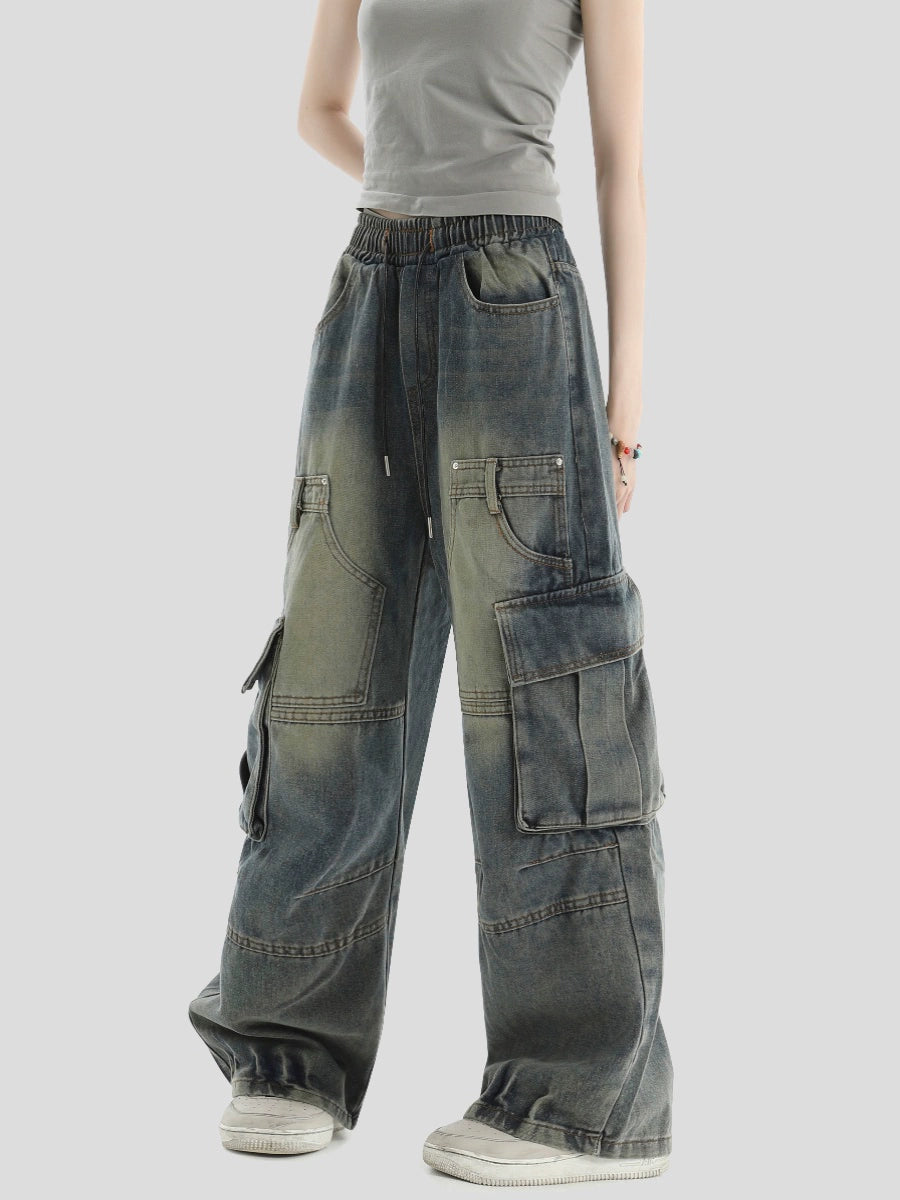 Multi Pocket Wide-Leg Straight Cargo Denim Jeans WN7214