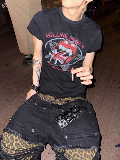 Lip Flag Star Graphic Print Short Sleeve T-Shirt WN27408