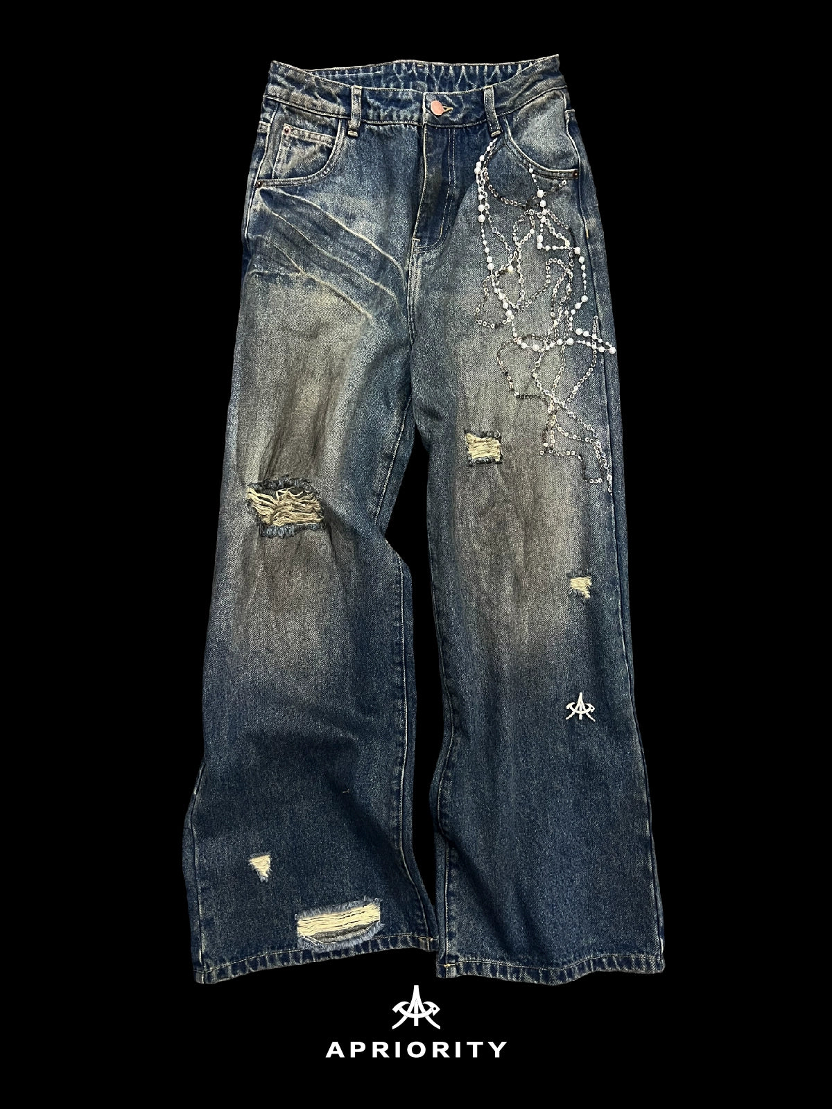 Sequin Embroidery Beaded Design Damage Wash Denim Jeans WN18927