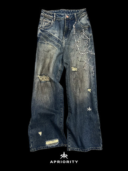 Sequin Embroidery Beaded Design Damage Wash Denim Jeans WN18927