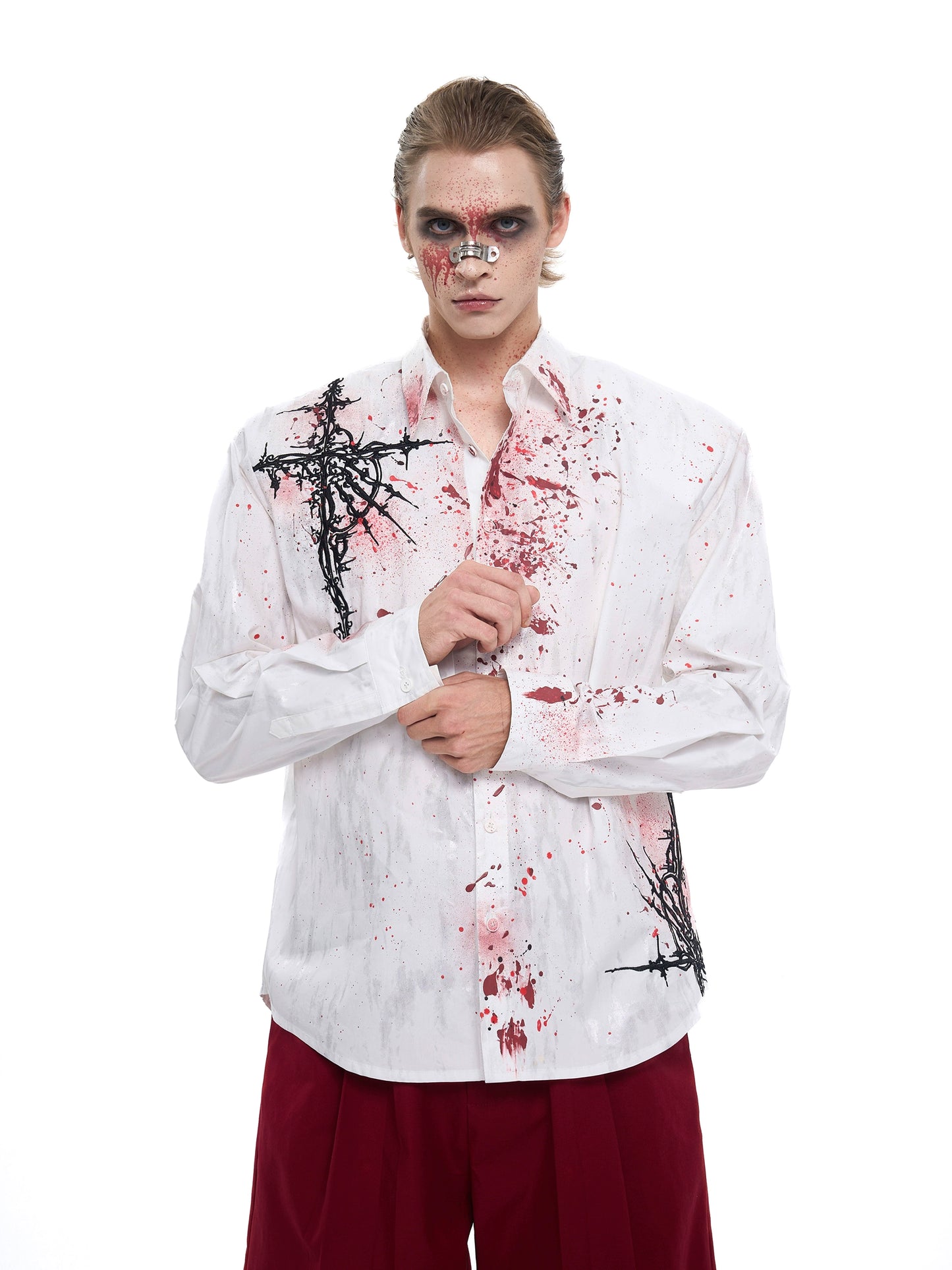 Bloodstain Foil Gothic Embroidery Shoulder-Pad Long Sleeve Shirt WN20507
