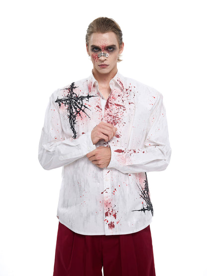 Bloodstain Foil Gothic Embroidery Shoulder-Pad Long Sleeve Shirt WN20507