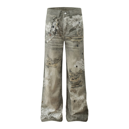 Lace Print Damage Washed Straight Denim Jeans WN18596