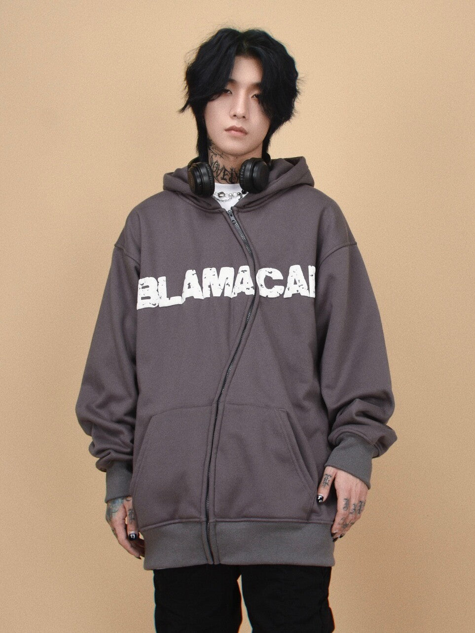 Asymmetrical Zipper Graphic Print Fleece-Lined Oversize Hoodie WN24407