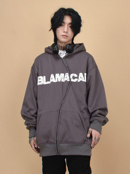 Asymmetrical Zipper Graphic Print Fleece-Lined Oversize Hoodie WN24407