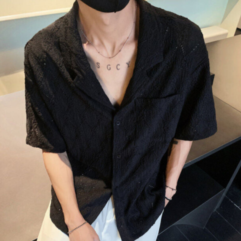 Cuban Collar Jacquard Short Sleeve Shirt WN19297