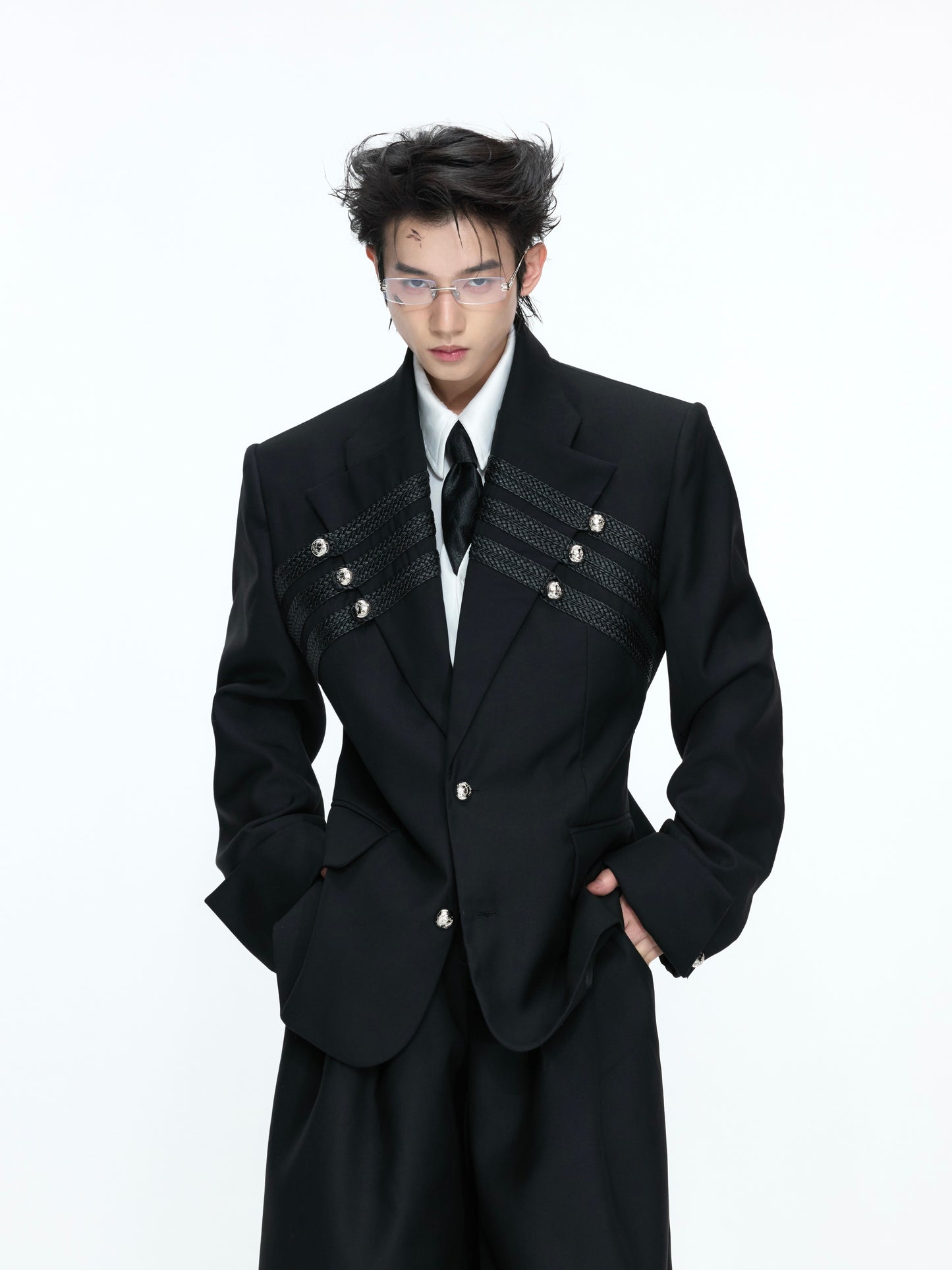 Braided Leather Double-Breasted Shoulder Pad Tailored Jacket & Wide Leg Trousers Setup WN26973