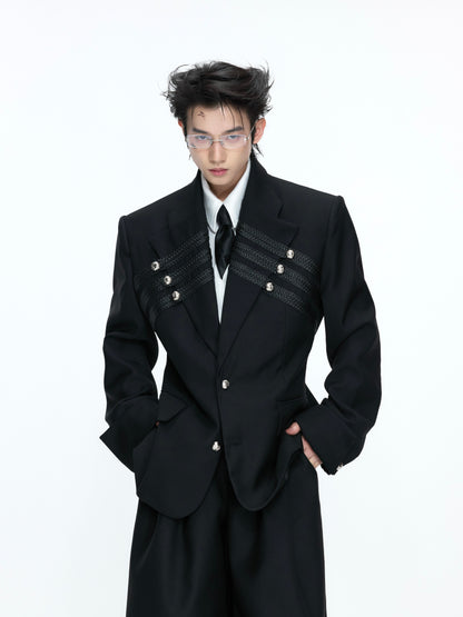 Braided Leather Double-Breasted Shoulder Pad Tailored Jacket & Wide Leg Trousers Setup WN26973