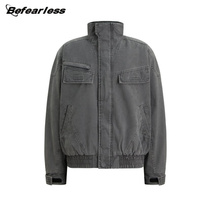 Heavyweight Washed Zip-Up Stand Neck Workwear Jacket WN26332