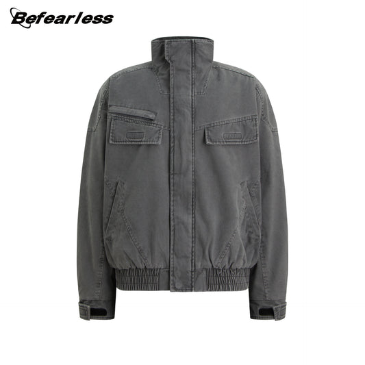Heavyweight Washed Zip-Up Stand Neck Workwear Jacket WN26332